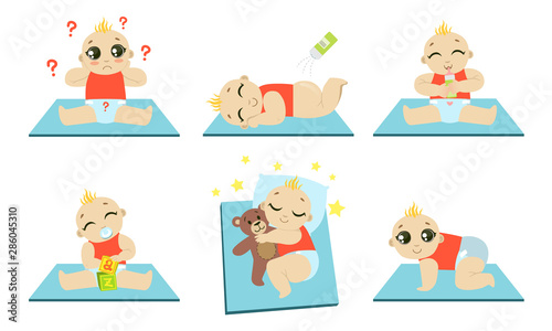 Cute Happy Baby Daily Routine Set, Adorable Kid Sleeping, Playing, Drinking Milk, Crawling Vector Illustration