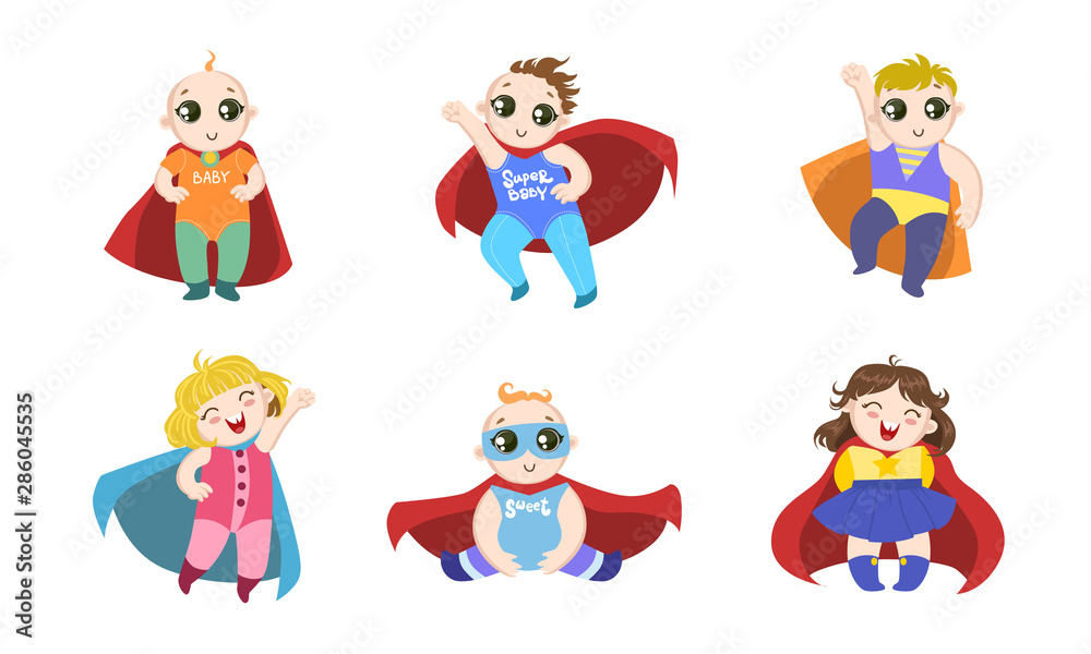 Cute Superhero Toddler Babies Set, Happy Adorable Boys and Girls in Costumes of Superhero and Capes Vector Illustration Cute Superhero Toddler Babies Set, Happy Adorable Boys and Girls in Costumes of Superhero and Capes Vector Illustration