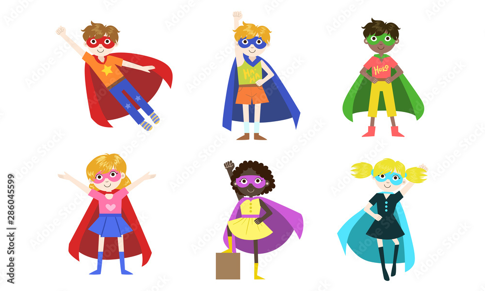 Cute Superhero Kids of Various Nationalities Set, Happy Adorable Boys and Girls in Costumes of Superhero, Capes amd Masks Vector Illustration
