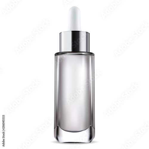 Serum Product. Cosmetic Drop Bottle 3d Template for beauty Oil, Liquid. Facial Health Moisturizing Packaging Advertising Design. Collagen Acid, Essence or Lotion Dropper Vial Mock Up Isolated on White