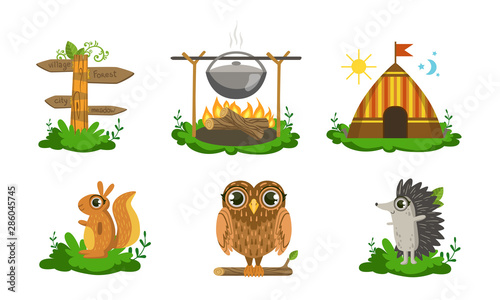 Cute Woodland Animals and Camping Elements Set, Squirrel, Wooden Signpost, Campfire with Cauldron, Tent, Owl, Hedgehog Vector Illustration
