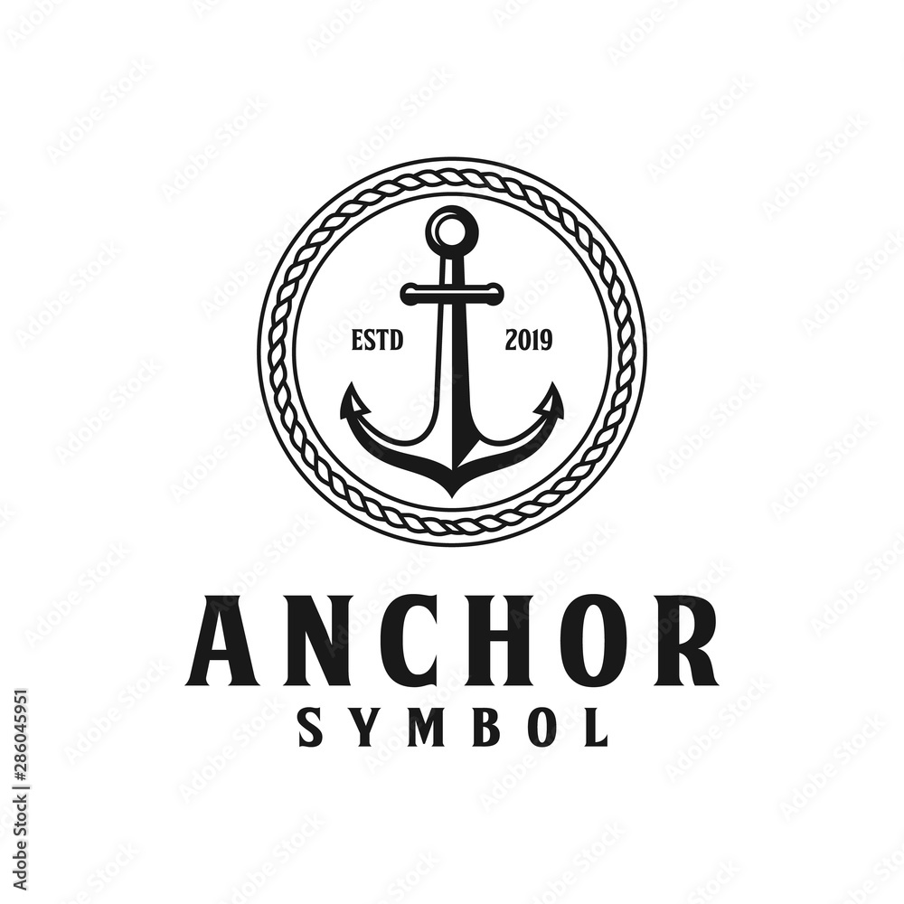 Anchor retro hipster logo design with circular rope