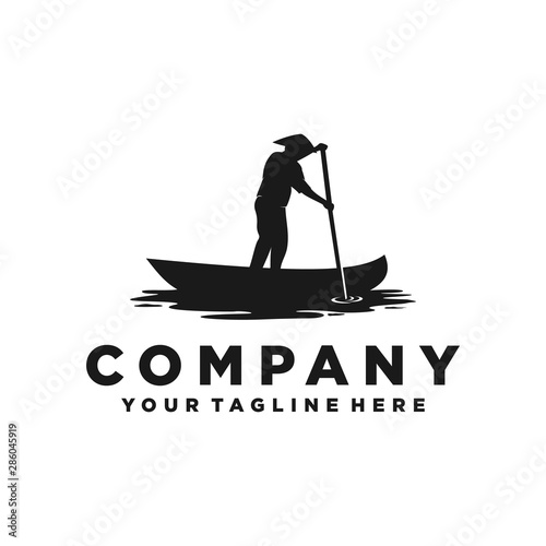 Fisherman retro hipster logo design vector illustration. People rowing, kayaking logo