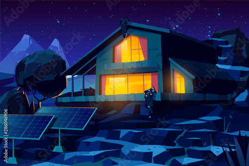 Two storey cottage building, rural house with solar panels in yard, country villa or chalet glowing warm yellow light through windows at starry night in mountainous area cartoon vector illustration