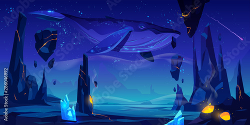 Fantasy world, alien planet, strange dream, another dimension illusion cartoon vector background. Whale flies in night starry sky under desert with active volcano and levitating stones illustration