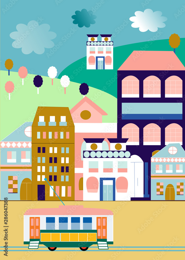 Colorful city view, bus and hills illustration