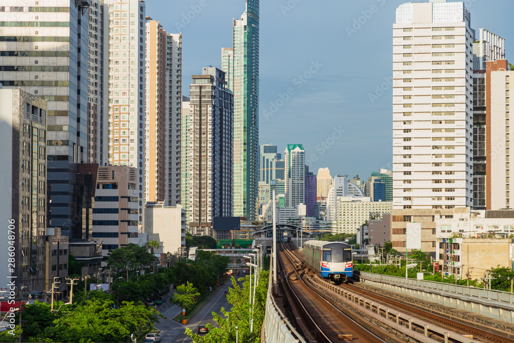 BTS Sky Train is running in downtown of Bangkok BTS Sky Train is running in downtown of Bangkok