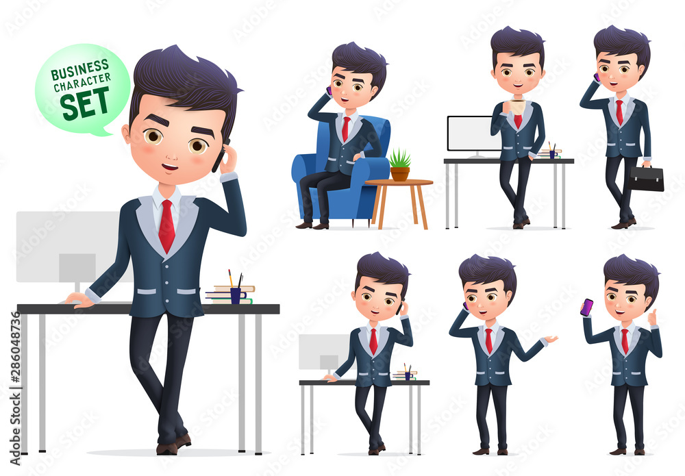 Business manager vector characters set. Business character office manager calling and standing in different gesture and pose isolated in white background. Vector illustration. Business manager vector characters set. Business character office manager calling and standing in different gesture and pose isolated in white background. Vector illustration.