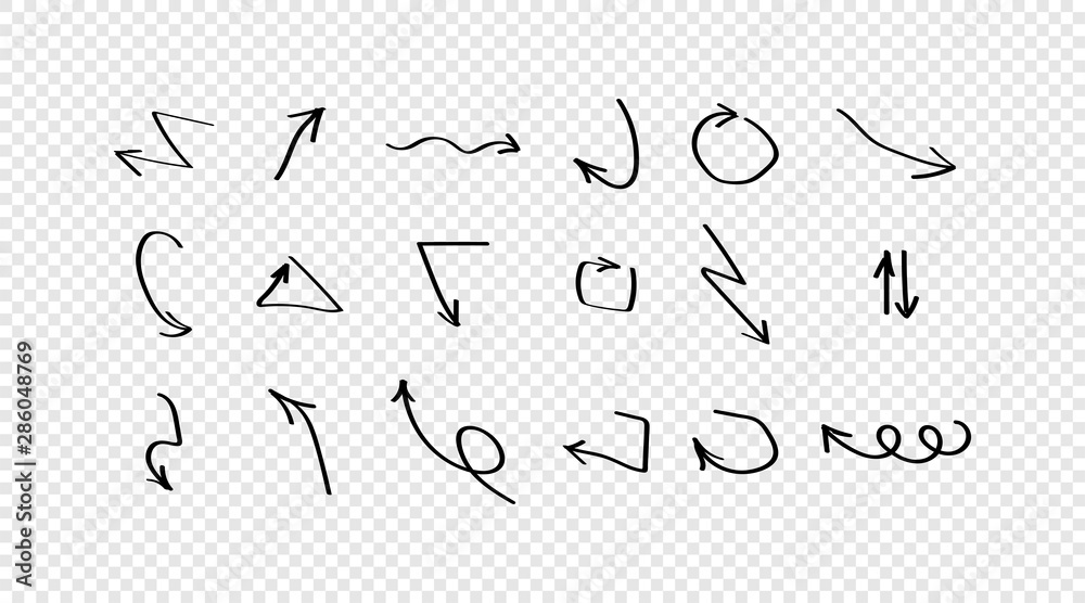 Collection of hand drawn arrows. Black arrows on transparent background Collection of hand drawn arrows. Black arrows on transparent background