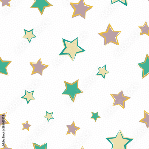 Gold  silver  teal and dusky pink line art stars with offset color Seamless vector pattern white snowflake texture background. Great for Christmas  winter products  stationery  invitations  party