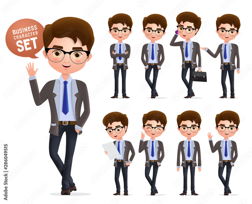 Business man vector character set. Male business characters happy standing, talking and waiving hand and in different pose isolated in white background. Vector illustration. Business man vector character set. Male business characters happy standing, talking and waiving hand and in different pose isolated in white background. Vector illustration.