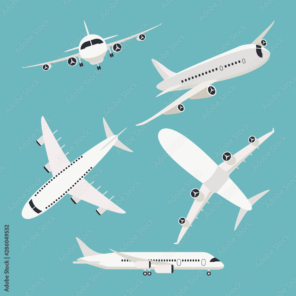 Set of aircraft, airplane flight travel icons, airliner in different point cargo delivery