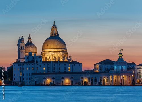 Church Basilica di Santa Maria della Salute in Venice, Italy under sunset