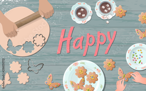 Happy holiday preparing cookies. Teaching how to make flower shape cutting dough kid hands. Rolling sweet decoration. Wooden table top view flat lay vector illustration