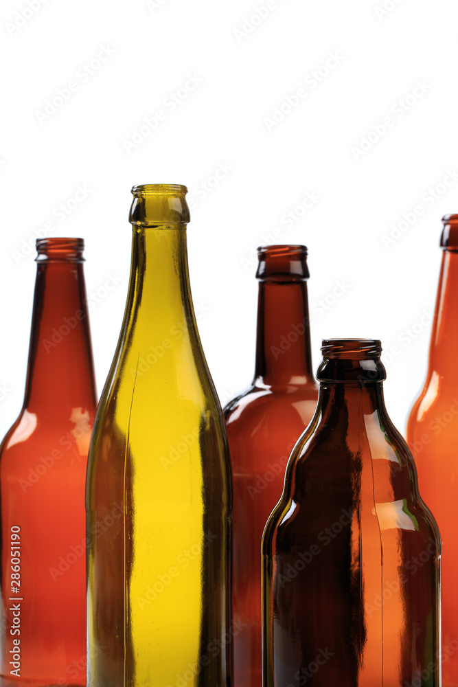 set of empty beer bottles on  white background - Image