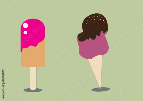 Ice cream in bright cartoon style. Beautiful colored ice cream vector isolated on a green background.