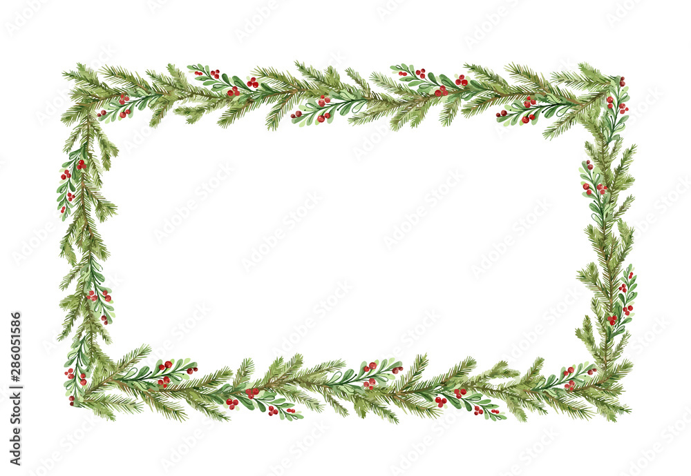 Watercolor vector Christmas frame with fir branches and place for text.