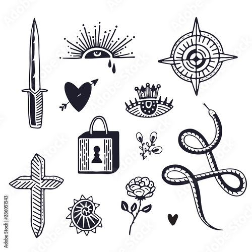 Tattoo art in old school style. Minimalistic hand drawn tattoo elements.