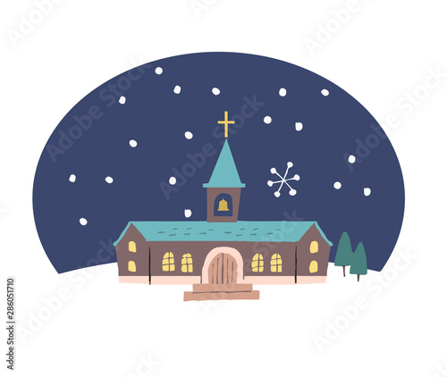 夜の教会と雪