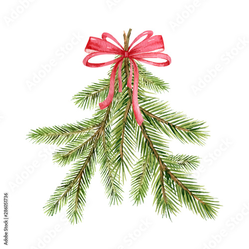 Christmas vector composition with green fir branches and red bow isolated on white background.