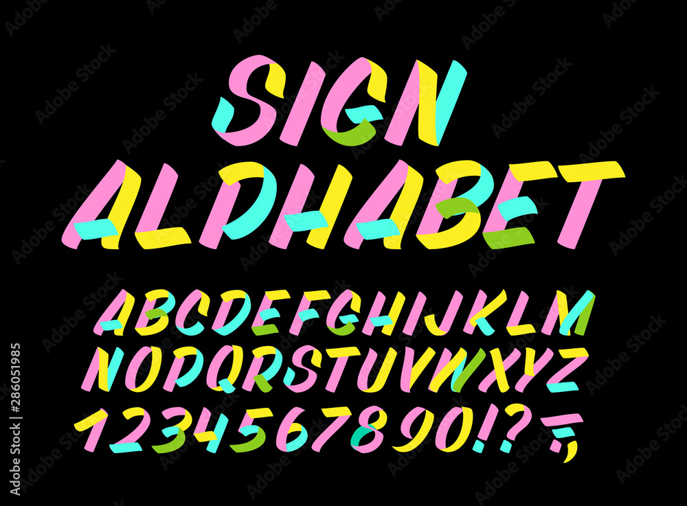 Hand drawn colorful typeface on black background. Brush sign painted vector characters: lowercase and uppercase. Typography alphabet for your designs: logo, typeface, card