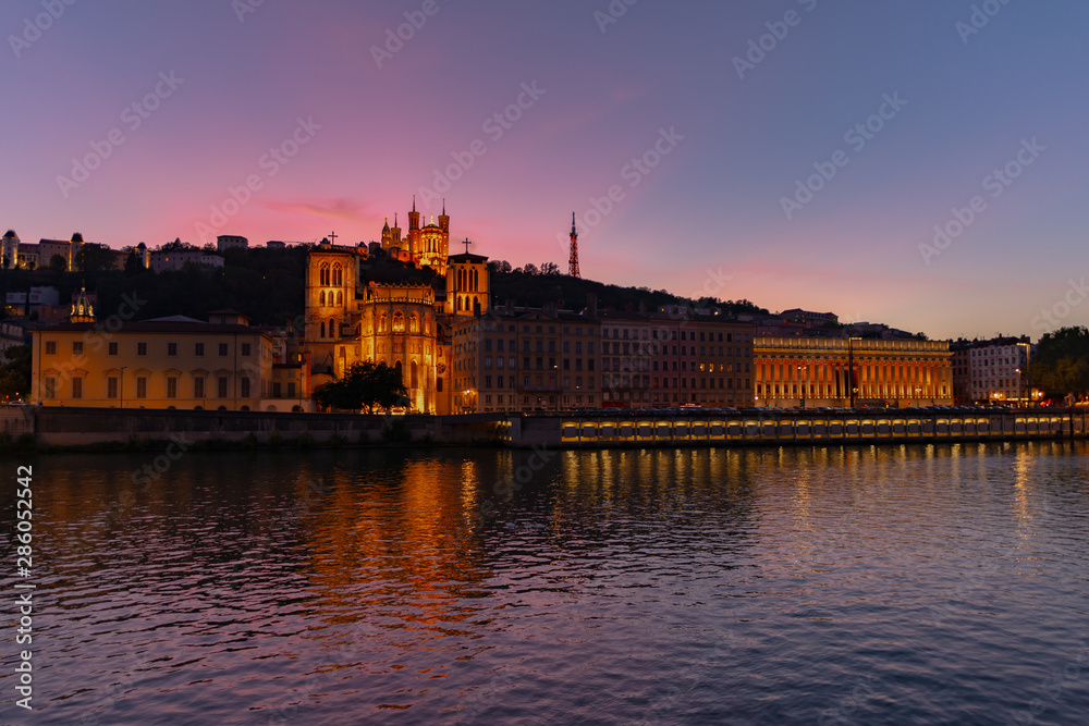 The cathedral and the basilica at dusk, Lyon, France