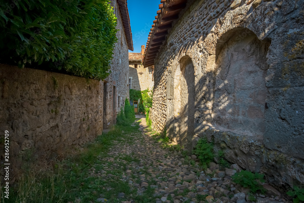 Narrow alley paved with pebble stones, Perouges, France