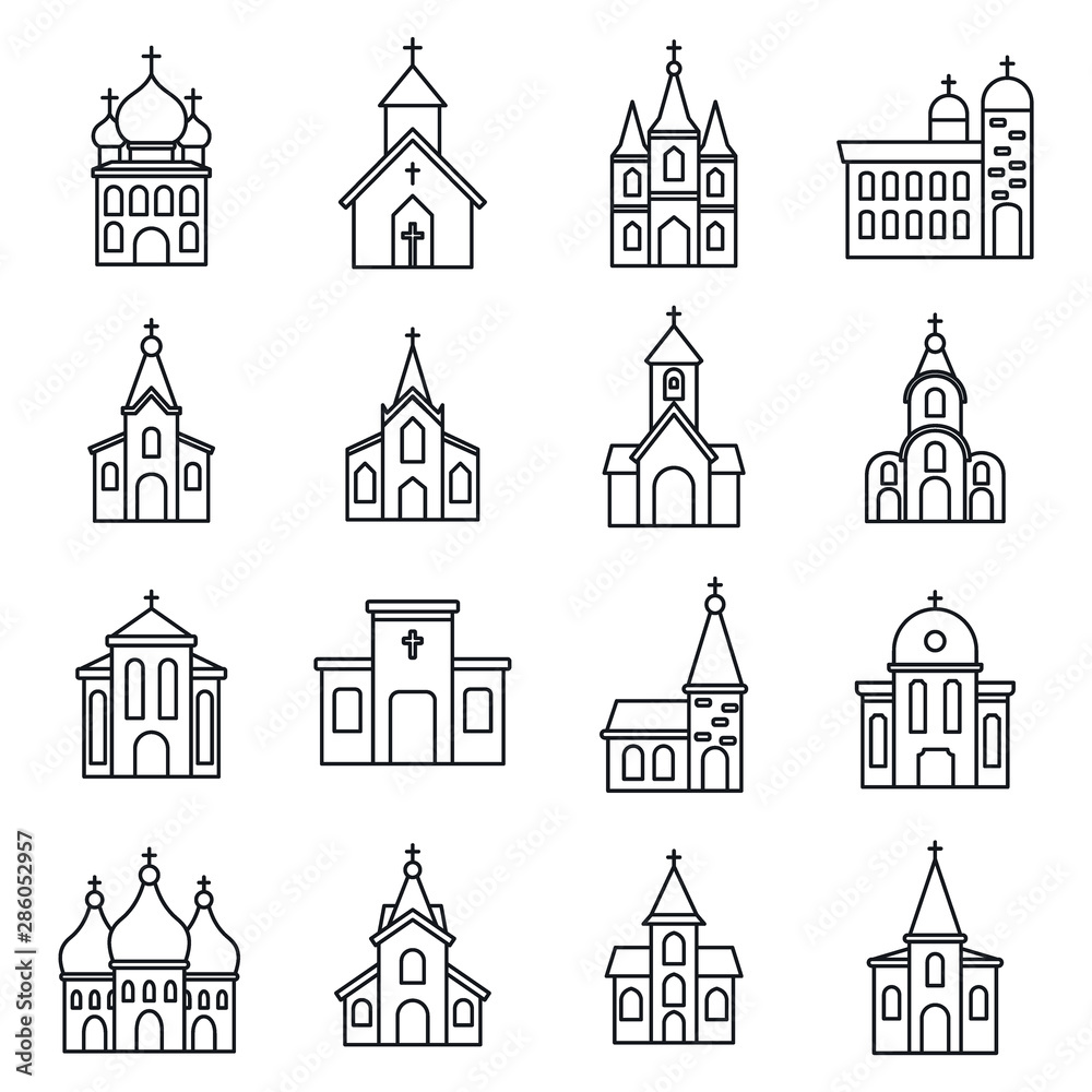 Religion church icons set. Outline set of religion church vector icons for web design isolated on white background