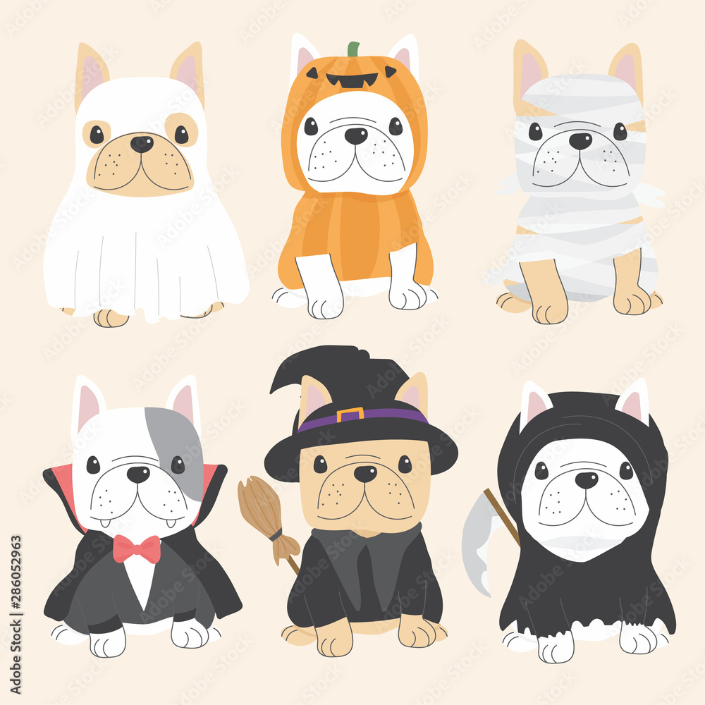 cute french bulldog dog in Halloween costume flat style collection eps10 vectors illustration - obrazy, fototapety, plakaty 