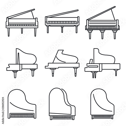 Classic grand piano icons set. Outline set of classic grand piano vector icons for web design isolated on white background