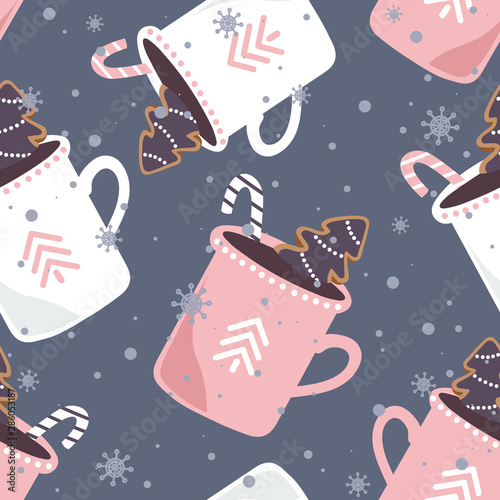 Gingerbreads, biscuits, cups of cocoa, candy canes, hand drawn overlapping background. Colorful seamless pattern vector, food. Decorative cute wallpaper, good for printing. Christmas fir trees, snow