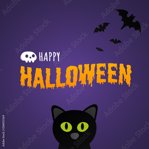 Happy Halloween text postcard banner with witch cat  bats and text happy halloween isolated on dark background flat style design.