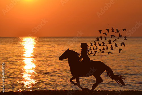 Abstract woman riding a horse with birds flying from her hair at sunrise
