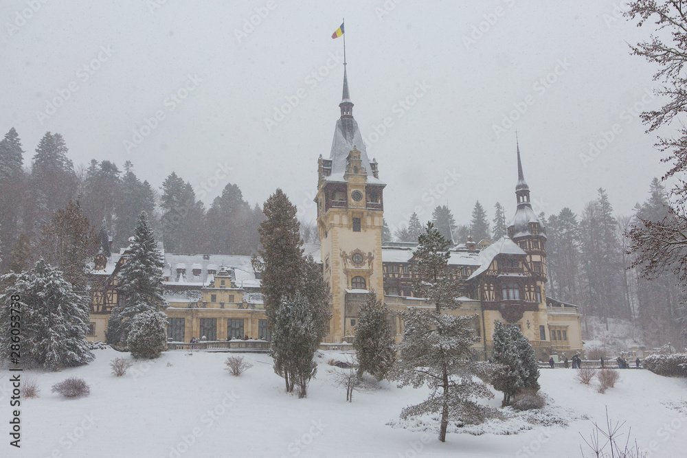 Peles Castle in Romania Predeal, blizzard in Brasov Sinaia