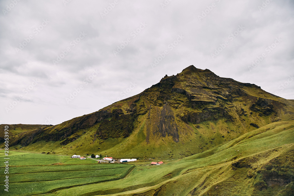 Volcanic mountains in Iceland. Farm in the field near the mountains. 