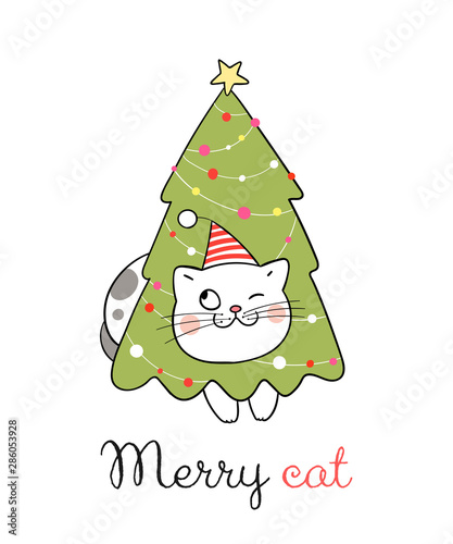 Draw cat with tree for Christmas day and New year.