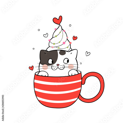 Draw cute cat in red cup of coffee for Christmas day.