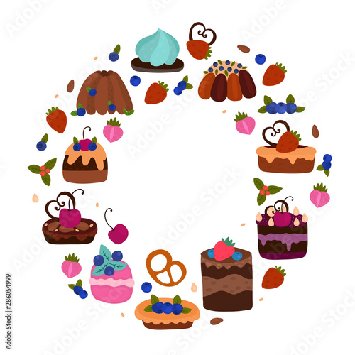 Fototapeta Naklejka Na Ścianę i Meble -  Pastries, bakery, cookies and dessert in cartoon style arranged in circle. Dessert concept. Hand drawn vector illustration. 