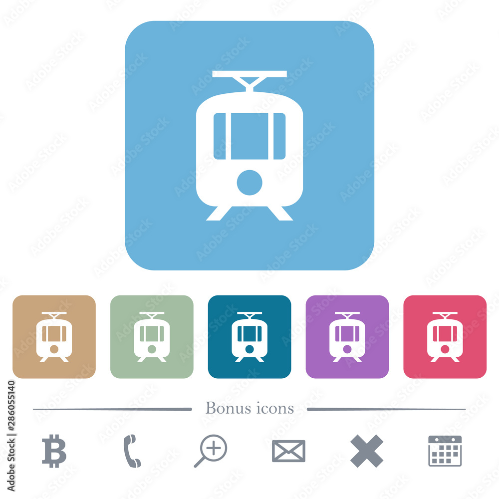 Tram flat icons on color rounded square backgrounds Tram flat icons on color rounded square backgrounds