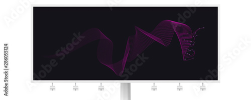 Billboard with blended twisted lines and glow on end. Dynamic flowing waves isolated on dark background. Abstract wavy spun pattern. Optical art, vector design elements.