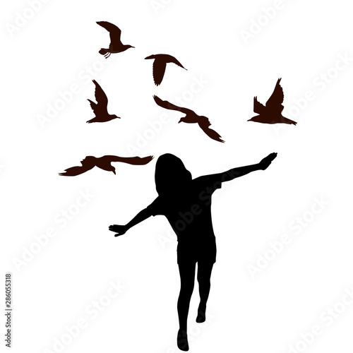Girl kid  imitate bird flying and birds flying
