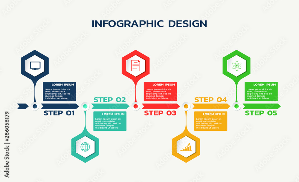 workflow five steps infographic template with hexagons, process arrows and text. business flowchart workflow five steps infographic template with hexagons, process arrows and text. business flowchart