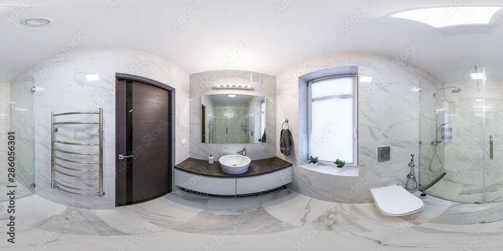 full seamless hdri panorama 360 degrees angle view in interior of bathroom in modern flat loft apartments in equirectangular projection with zenith and nadir. VR AR content - obrazy, fototapety, plakaty 