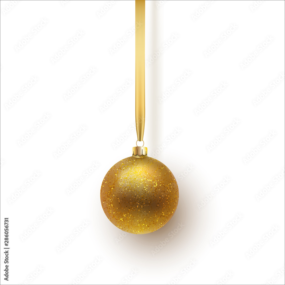 Gold Christmas ball, with an ornament and spangles. Isolated on white background. Vector illustration.
