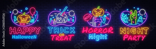 Halloween Neon signs set Vector. Halloween neon icons collection, design template, modern trend design, night signboard, night bright advertising, light banner, light art. Vector illustration