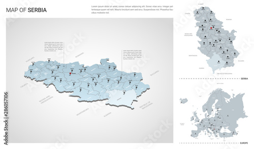 Vector set of Serbia country. Isometric 3d map, Serbia map, Europe map - with region, state names and city names.