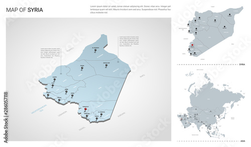 Vector set of Syria country.  Isometric 3d map  Syria map  Asia map - with region  state names and city names.