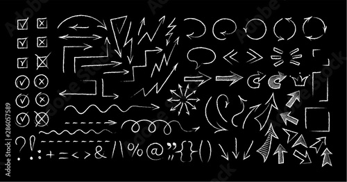 Sketchy arrow chalk style set vector illustration. Group of chalked arrows and checkboxes, chalk marker style symbols for hand drawn diagrams, mind maps and communication highlight drawings