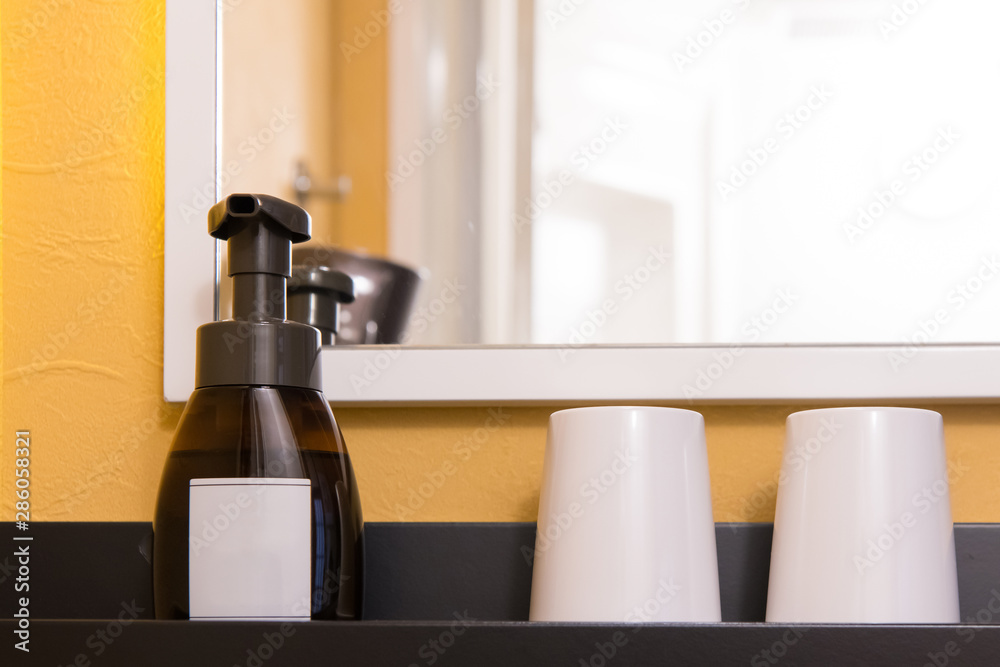 toiletry bag with travel toiletries, small plastic bottles of hygiene products and soap, Hotel Guest Room Supplies toiletry bag with travel toiletries, small plastic bottles of hygiene products and soap, Hotel Guest Room Supplies