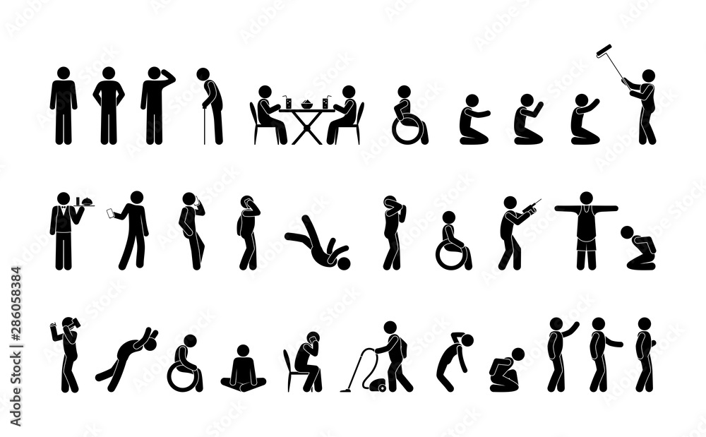 variety of standing and sitting poses, people in different situations, man does, stickman stick figure, pictogram icons